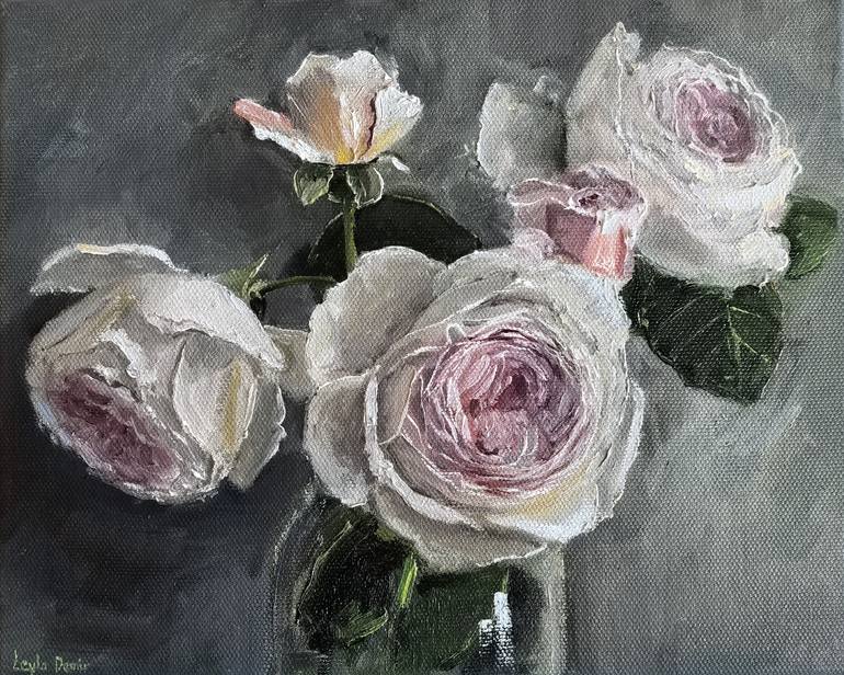 Original Still Life Painting by Leyla Demir | Contemporary Art on Canvas | White and pink roses bouquet in glass vase