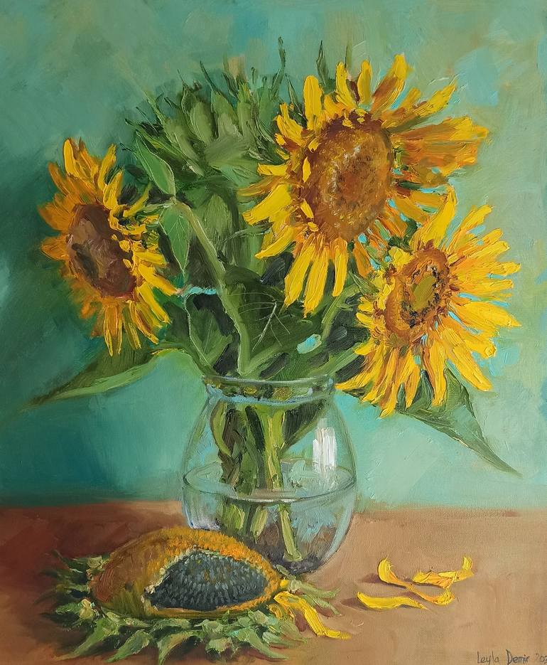 Three Sunflowers In A Vase Painting By Leyla Demir | Saatchi Art