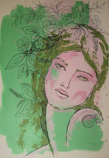 Spring Harmony - Acrylpainting, woman, face, lips, Flower, green thumb