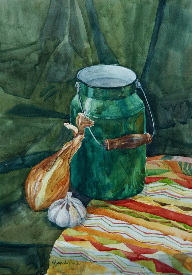 Green jar with onion and garlic - Print