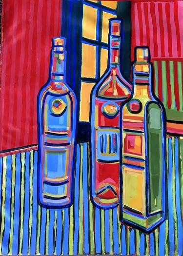 Three bottles in front of a red wall thumb