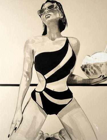 Original Figurative Beach Drawing by Gilles LeBlu