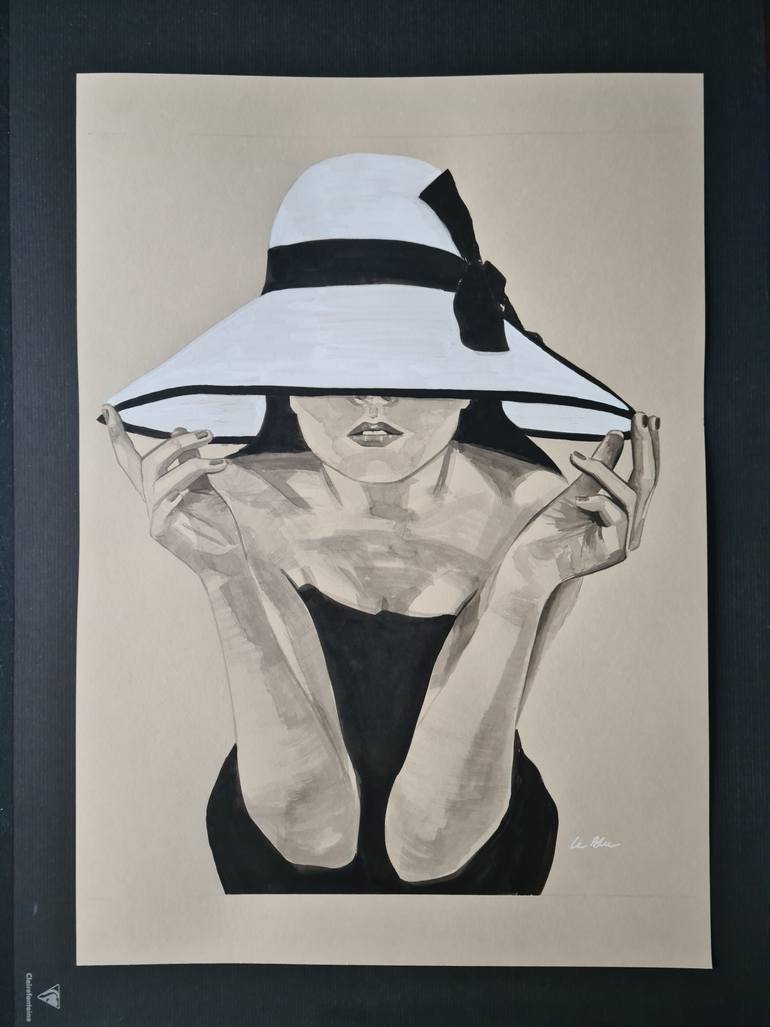 Original Black & White Beach Drawing by Gilles Leblu