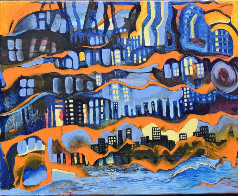 Original Abstract Painting by Elena Diadenko | Abstract Art on Other | Night in the City