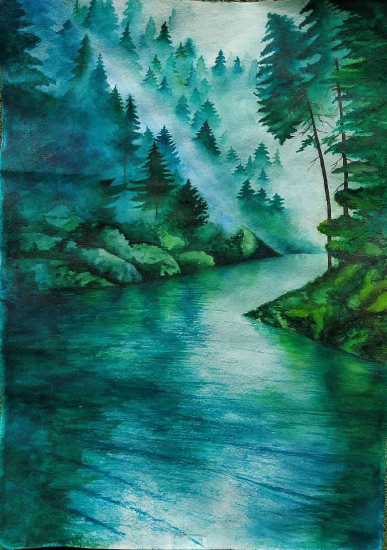 Watercolor Painting Misty Lake Painting By Elena Porubleva Saatchi Art