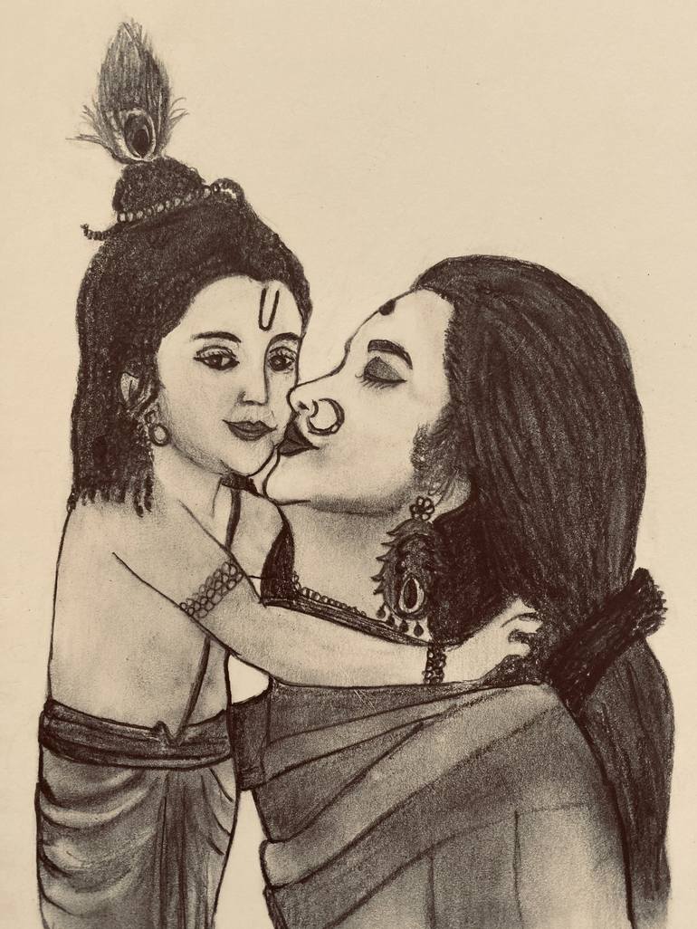 Krishna and Yashoda Drawing by Nitin Gambhir | Saatchi Art