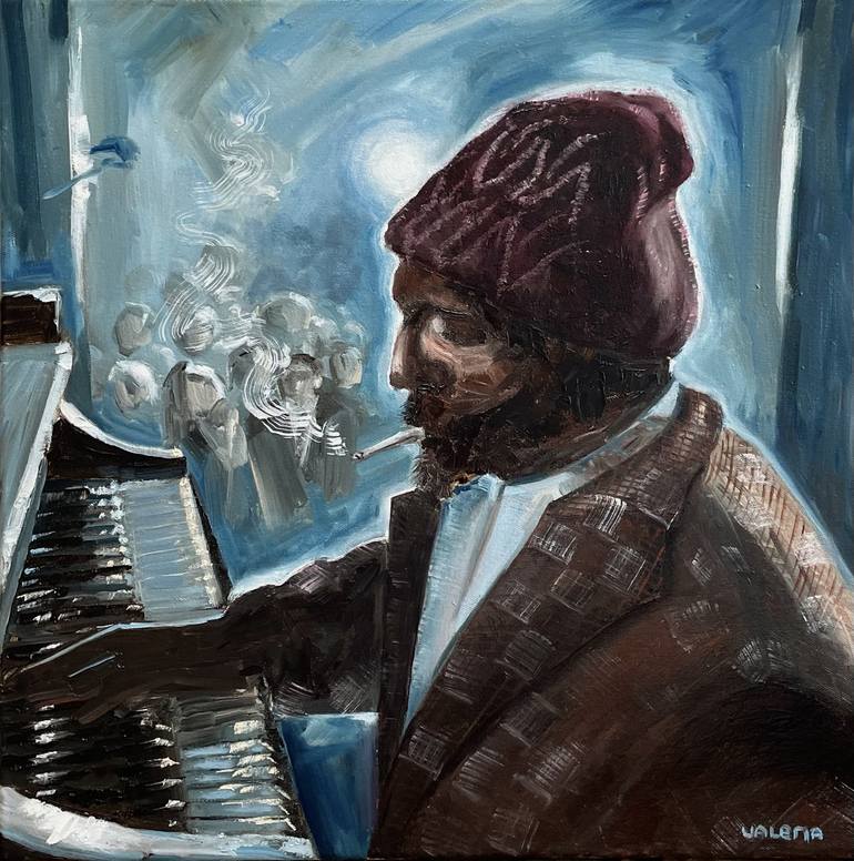 Oil painting on canvas, painting in blue tones, jazzman at the piano ...