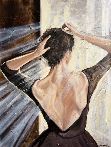 "Sunshine"- Sensual oil painting, girl fixing her hair, beautiful woman, ballerina in the dance hall, woman in front of an open window, sun glare thumb