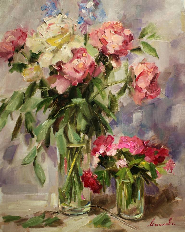 Still life with peonies and carnations Painting by Anastasia Maslova ...