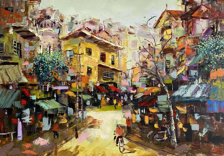 Hanoi Street Vietnam Abstract Handmade Oil Canvas Painting by