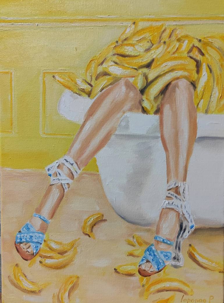 Beautiful female feet and banana Painting by Pavel Laponog | Saatchi Art