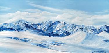 Caucasian mountain range, pass, blue rocks and mountains, white snow, glacier. thumb