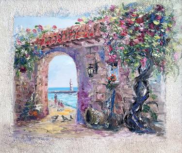 Italy art BEAUTIFUL arch flowers seascape lighthouse shore thumb