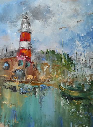 Lighthouse seascape fisherman's boat original painting Abstract thumb