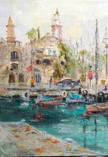 Old city Jaffa Fisherman's boat, oil painting from Israel thumb