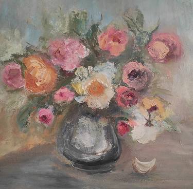 Abstract bouquet of flowers in a vase oil impasto delicate colors thumb
