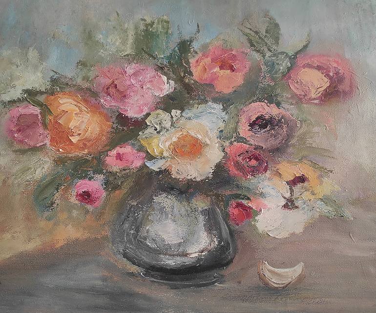Original Floral Painting by Kateryna Ivanova | Abstract Art on Canvas | Abstract bouquet of flowers in a vase oil impasto delicate colors