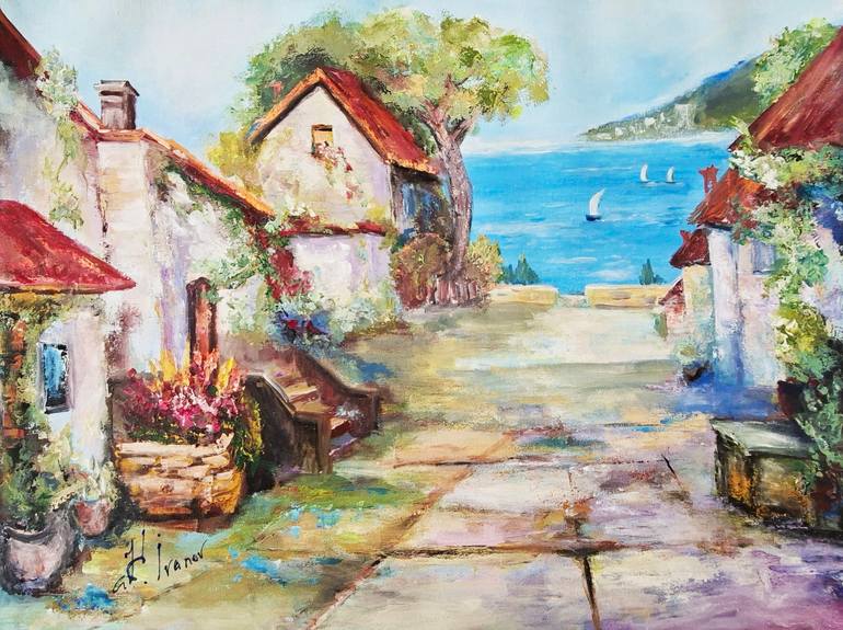 Original Beach Painting by Kateryna Ivanova | Impressionism Art on Canvas | The road to the lake. Italiy.