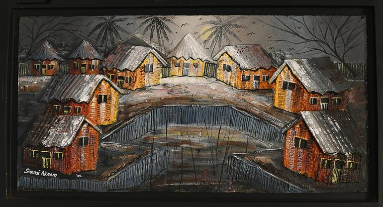 Original Abstract Painting by Sanusi Akeem | Abstract Art on Hardboard | Village Setting