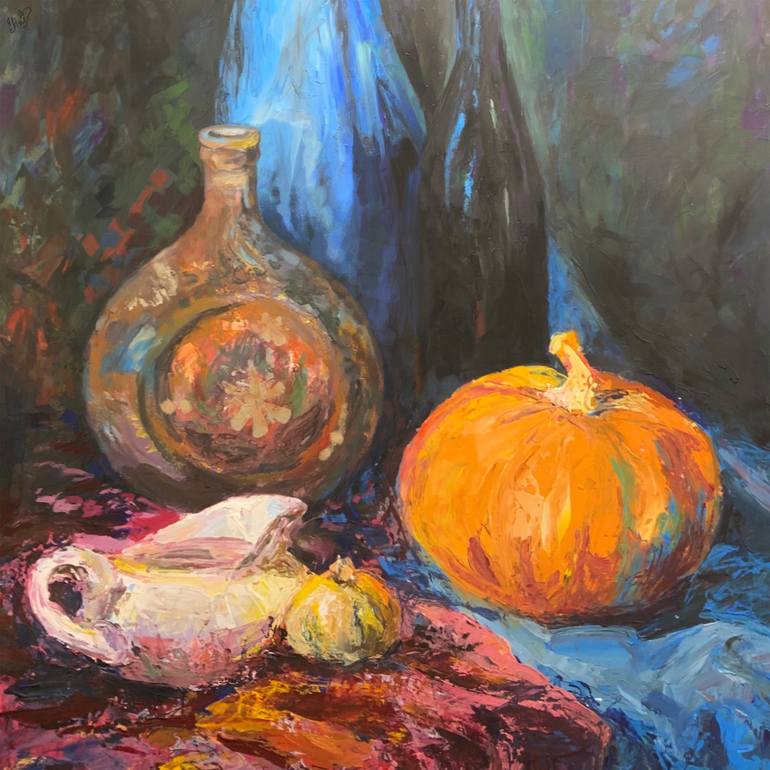 Still life with pumpkin Painting by Anastasiia Ulkhova | Saatchi Art