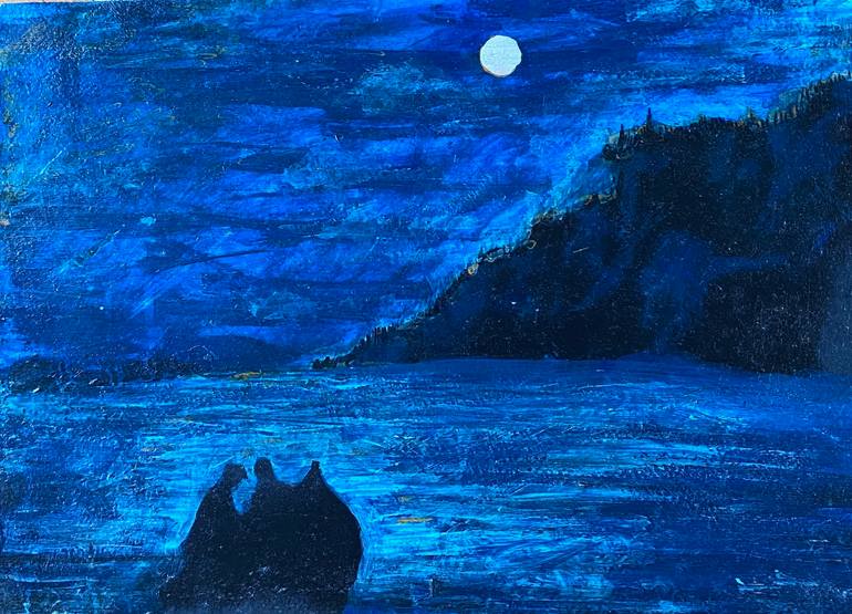 Original Abstract Painting by Kivanc Nalca | Abstract Expressionism Art on Corrugated Cardboard | Blue night and the fisherman