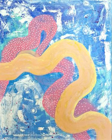 Flow. Colorful abstract painting blue pink yellow. thumb
