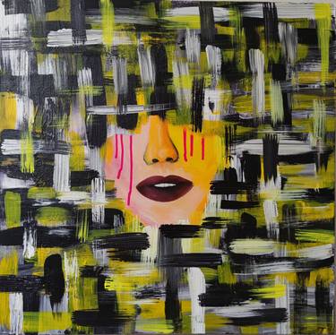 Taboo, original abstract yellow portrait, woman thumb