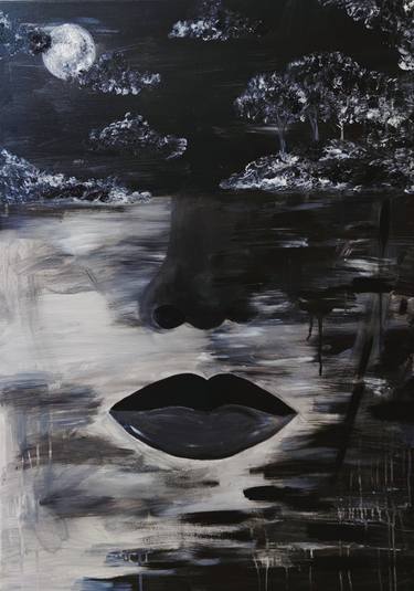 Reflection, large original black and white painting, abstract thumb