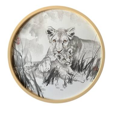 Lion Ink Brush Painting, Framed Original Artwork thumb