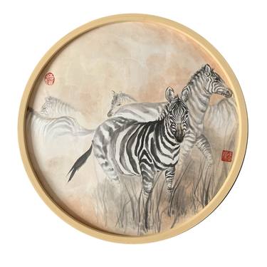 Zebra Original Ink Brush Painting, Framed Wall Art thumb