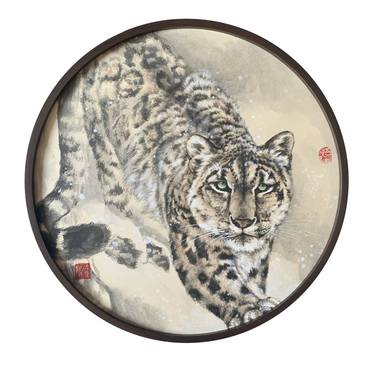 Snow Leopard Original Brush Painting, Framed Wall Art thumb