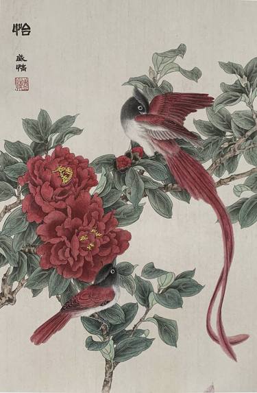 Tranquility, Camellia & Bird Original Brush Painting thumb