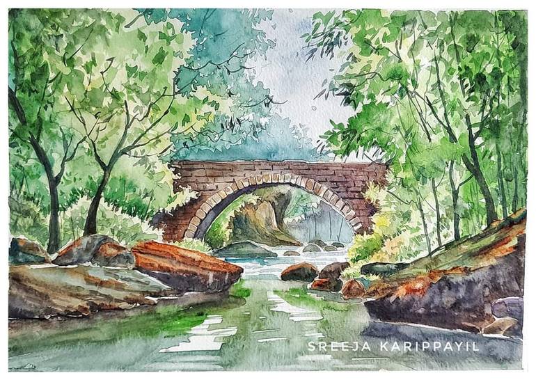 Stone Bridge In Forest Painting By Sreeja Karippayil 