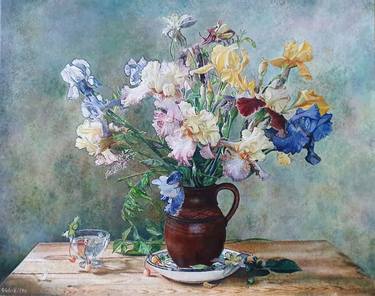 Dream-art Oil painting beautiful still life spring flowers in copper vase canvas 