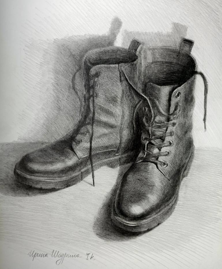 STILL-LIFE WITH SHOES. Old boots. Graphite pencil monochrome drawing.  Drawing by Irina Shadrina