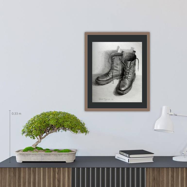 STILL-LIFE WITH SHOES. Old boots. Graphite pencil monochrome drawing.  Drawing by Irina Shadrina