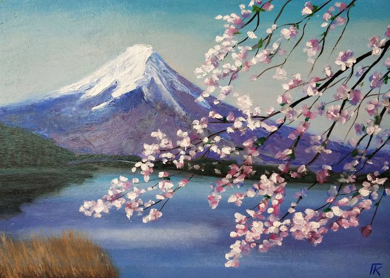 Mount Fujiyama - Mount Fuji, cherry blossom branch Painting by Galina ...