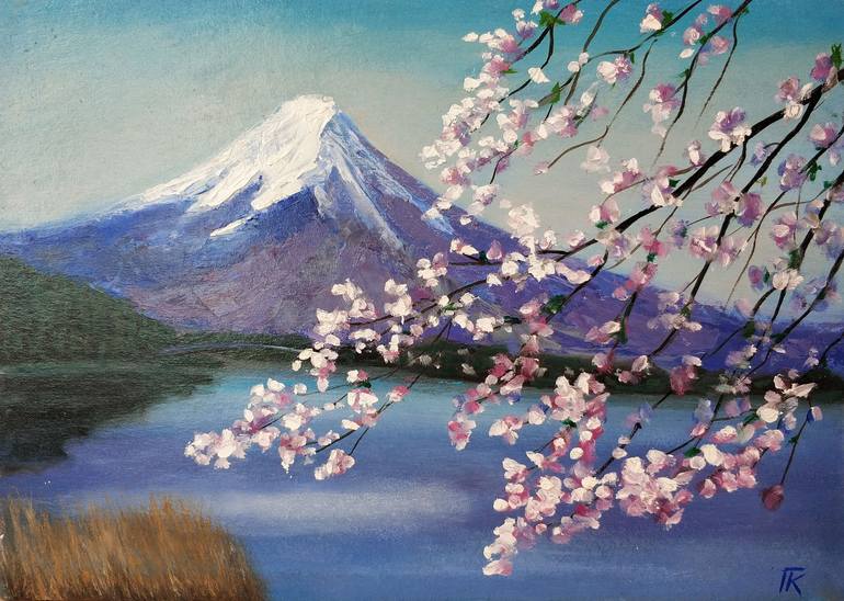 Mount Fujiyama - Mount Fuji, cherry blossom branch Painting by Galina ...