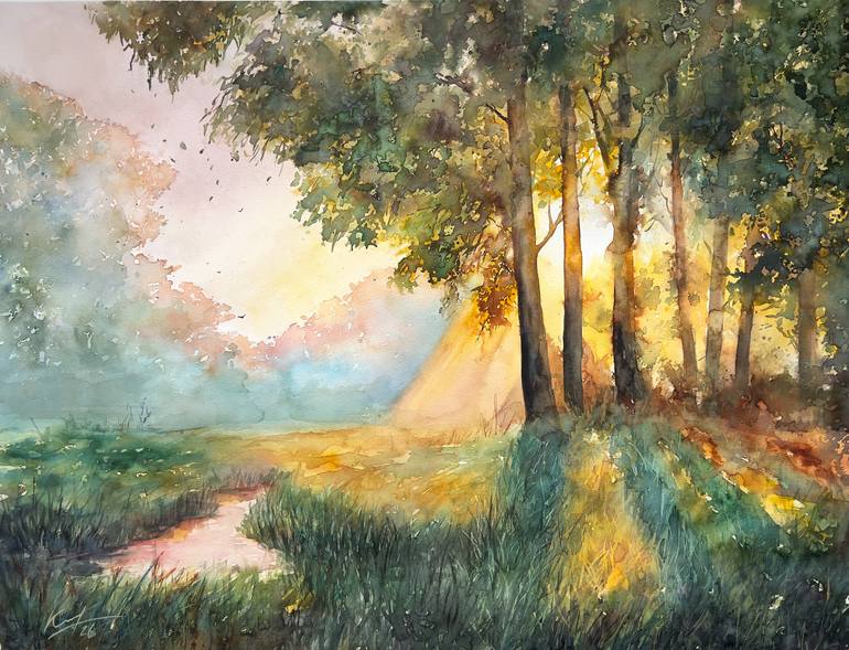 Original Landscape Painting by Tetiana Koda | Abstract Art on Paper | Golden Sunset by the Stream
