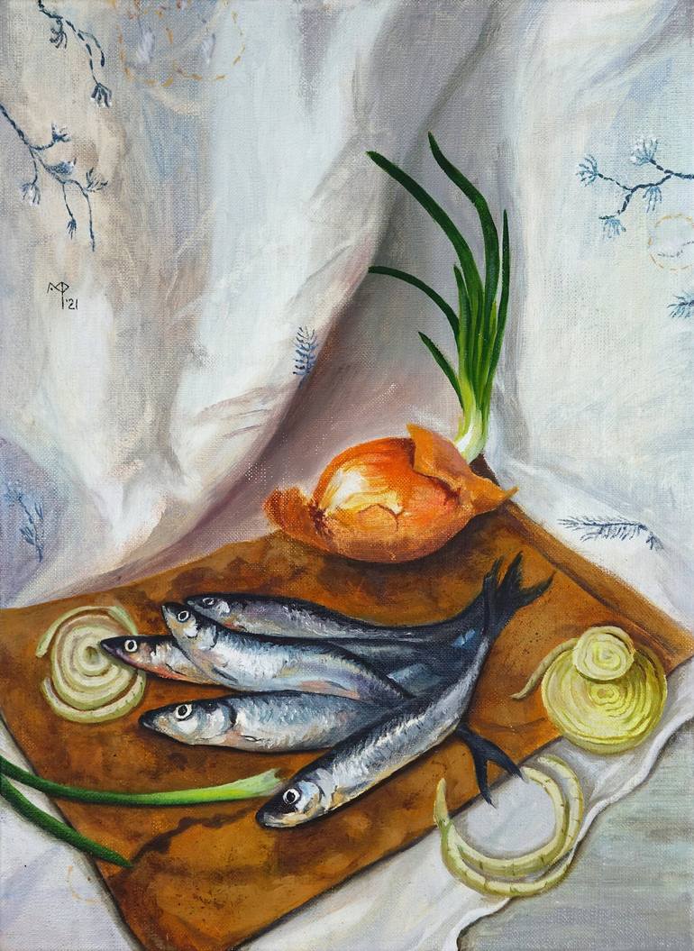 Still life for the kitchen with fish and onions Painting by Mariia