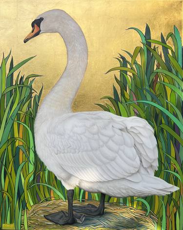 Swan bird painting oil on linen gilded with 23.5ct gold leaf thumb