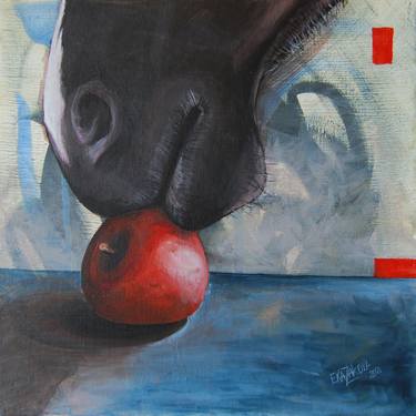 Red apple and black horse nose on an abstract background thumb