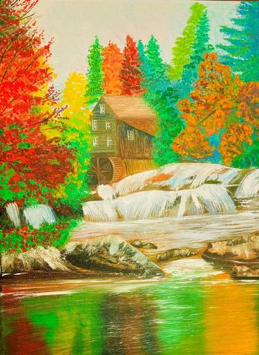 Original oil painting of autumn landscape with water mill thumb