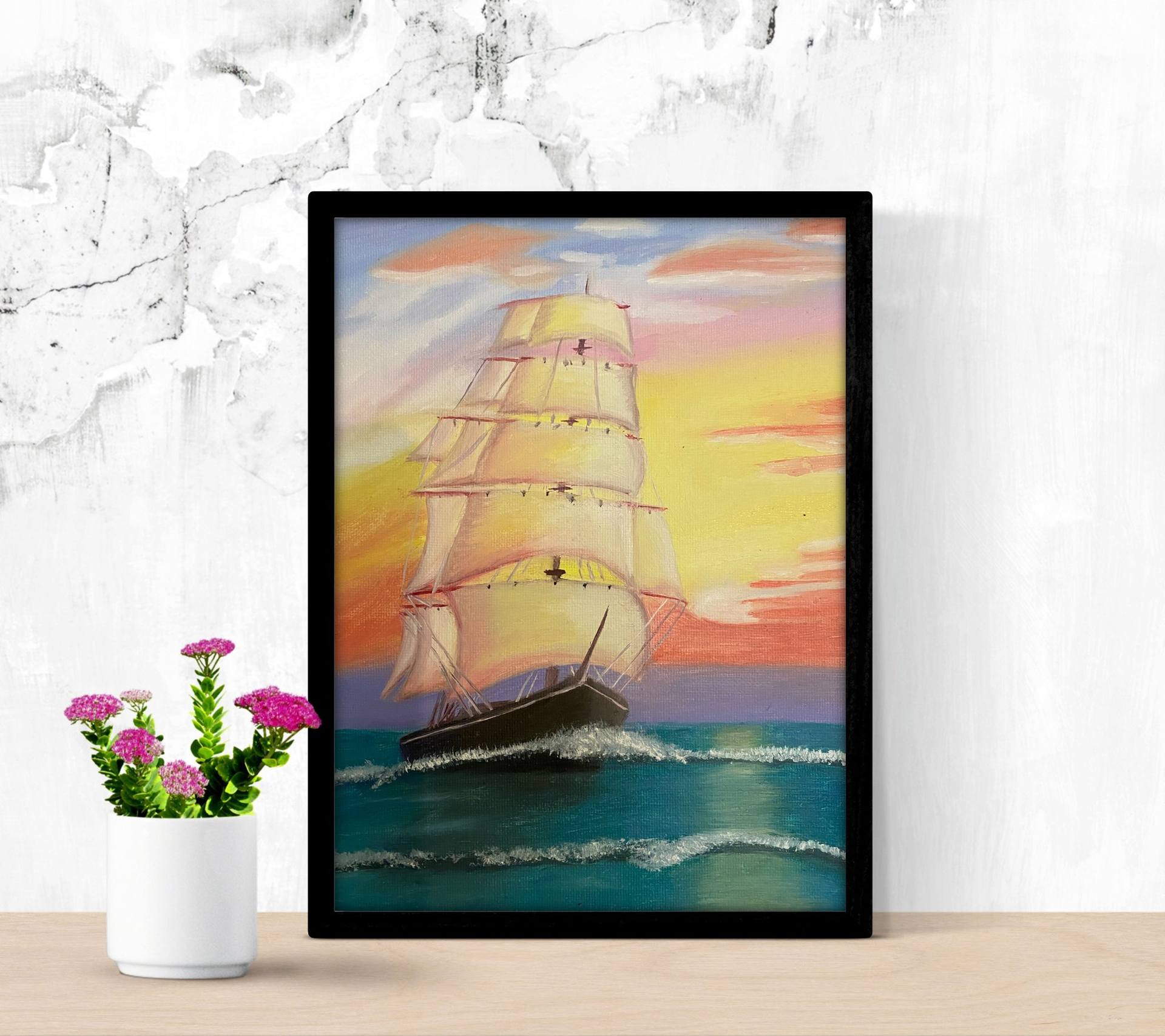 CHOP577 handing sunshade lady on boat hand painted oil painting canvas art 