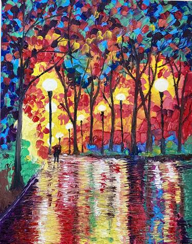 original oil painting and palette knife. landscape Evening in autumn City park Romance. Rain thumb