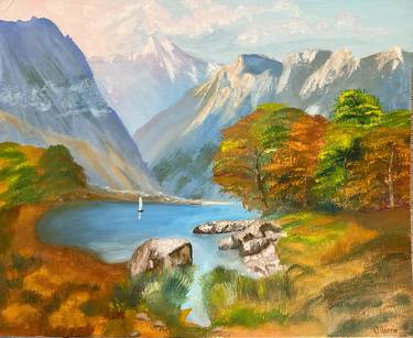 Painting mountain lake .Landscape .Original art .Autumn lake.Wall art 20 by 16 inches thumb