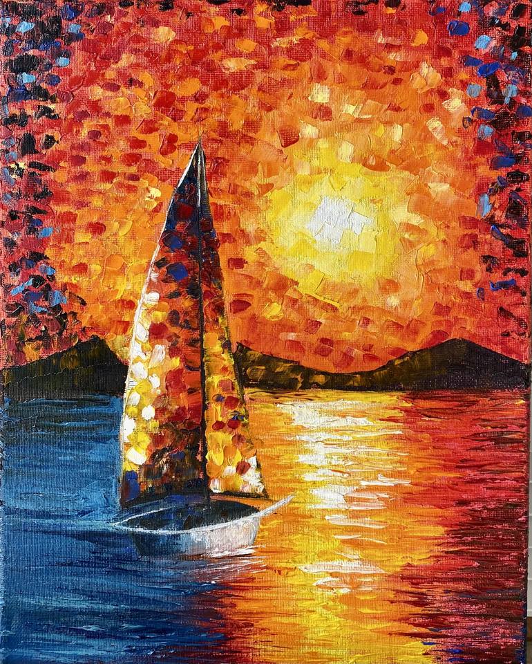 sailboat painting original sunset at sea palette knife Painting by Oksana  Harris