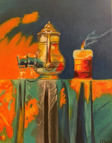 Still life with a jug of wine and candles. original oil painting. thumb