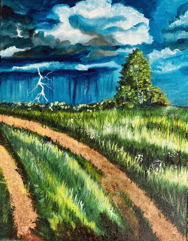 Painting LANDSCAPE THUNDER. Original Oil Painting CANVAS thumb