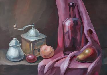 Still life with a coffee mill and a bottle of manganese glass on a background of chocolate and pink drapery thumb